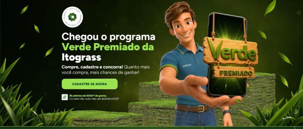 Verde Premiado Itograss Banner da promoção Verde Premiado da Itograss com personagem animado segurando um celular e placas de madeira com o nome do programa, sobre fundo verde com placas de grama.