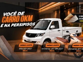 Banner da promoção Você de Carro 0Km É na Persipisos com picape Effa V21 2027 branca e duas motos Shineray JET 125 2027 em showroom, destacando que a cada R$1.000,00 em compras o cliente ganha 1 número da sorte.