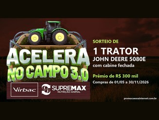 Arte da promoção Acelera no Campo 3.0, das marcas Virbac e Supremax, com um trator verde sobre o logotipo da campanha, sobre um campo ao entardecer, e o texto: sorteio de 1 trator John Deere 5080E com cabine fechada, prêmio de R$300 mil, compras de 01/05 a 30/11/2026.