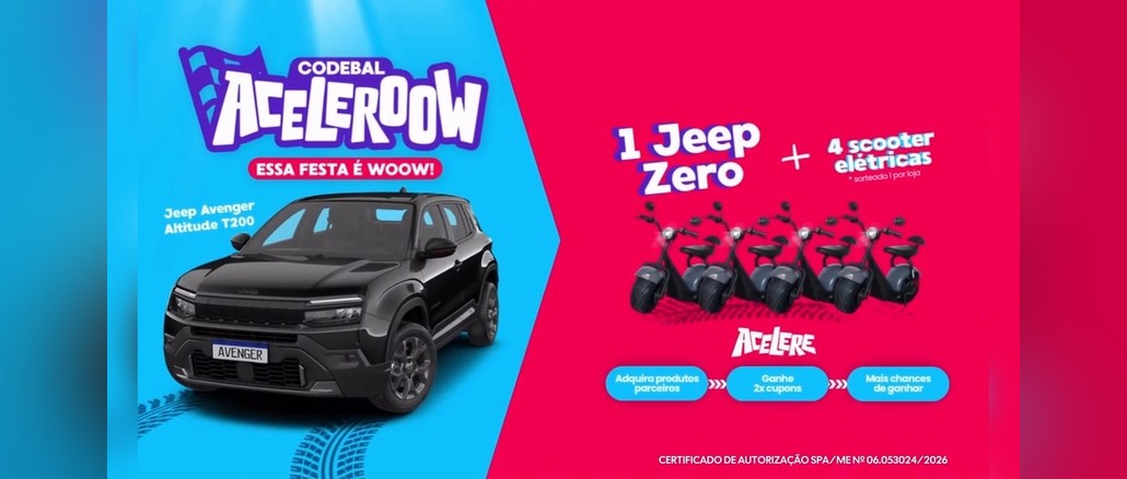Promoção Aceleroow Codebal Arte da promoção Aceleroow Codebal com Jeep Avenger preto sobre fundo azul e quatro scooters elétricas sobre fundo rosa, com o texto "1 Jeep Zero + 4 scooter elétricas".