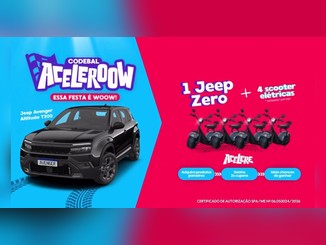 Arte da promoção Aceleroow Codebal com Jeep Avenger preto sobre fundo azul e quatro scooters elétricas sobre fundo rosa, com o texto "1 Jeep Zero + 4 scooter elétricas".