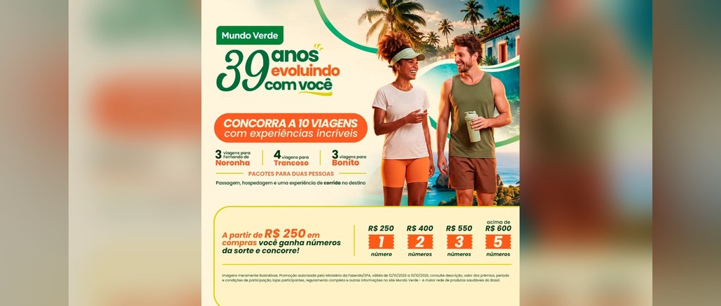 Aniversário 39 anos Mundo Verde Arte da promoção Aniversário 39 Anos Mundo Verde com um casal sorridente em roupas de corrida diante de praia e coqueiros, anunciando 10 viagens para Fernando de Noronha, Trancoso e Bonito e a tabela de números da sorte a partir de R$250 em compras.