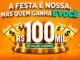 Arte laranja da promoção Aniversário de 50 Anos Drogarias Santa Lúcia com o selo "Aniversário 50 anos" com o mapa do Espírito Santo, a frase "A festa é nossa, mas quem ganha é você" e o destaque "R$100 mil em vales-compra" sobre um pedestal dourado com cupons.