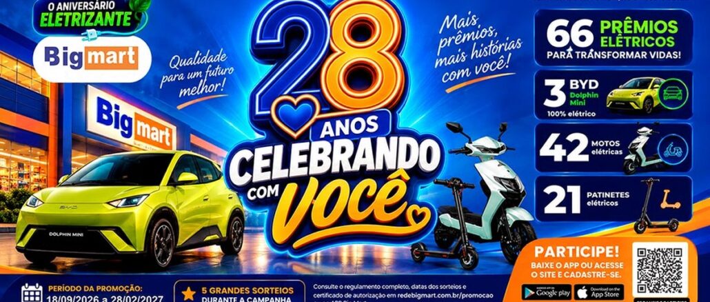 Arte oficial do Aniversário Big Mart 28 anos, com o lettering Celebrando com Você, um BYD Dolphin Mini verde-limão, uma moto elétrica, um patinete elétrico e o quadro de 66 prêmios elétricos.