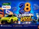 Arte oficial do Aniversário Big Mart 28 anos, com o lettering Celebrando com Você, um BYD Dolphin Mini verde-limão, uma moto elétrica, um patinete elétrico e o quadro de 66 prêmios elétricos.