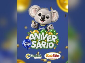 Coala de pelúcia com camisa azul da marca Felitá apontando para frente, acima do lettering "Aniversário" em letras brancas com contorno verde entre balões dourados e verdes, com os logos da Central Supermercados e da Rede Show Supermercados sobre fundo azul.