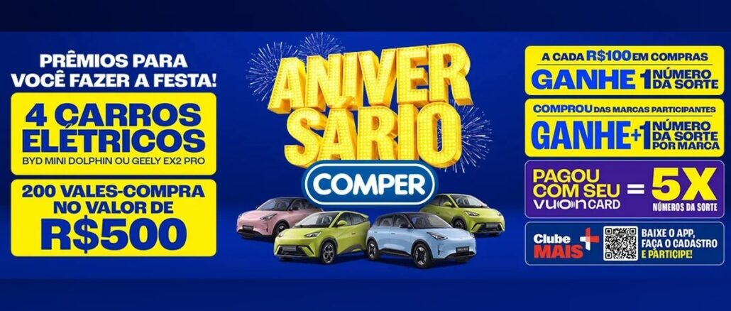 Aniversário Comper Arte da promoção Aniversário Comper com quatro carros elétricos coloridos, logo do Comper e caixas amarelas anunciando 4 carros elétricos e 200 vales-compra de R$500 sobre fundo azul.