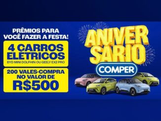 Arte da promoção Aniversário Comper com quatro carros elétricos coloridos, logo do Comper e caixas amarelas anunciando 4 carros elétricos e 200 vales-compra de R$500 sobre fundo azul.