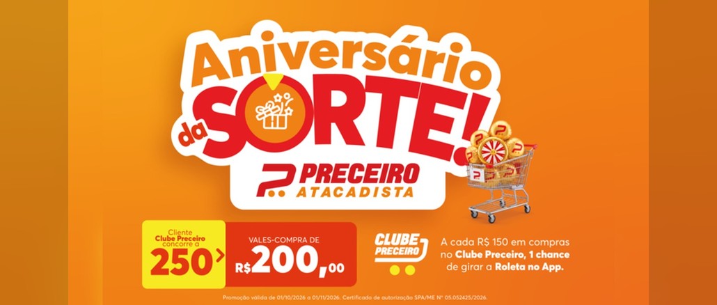 Arte laranja da promoção Aniversário da Sorte do Preceiro Atacadista, com carrinho cheio de moedas, roleta e destaque para 250 vales-compra de R$200,00 para clientes do Clube Preceiro.