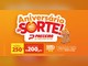 Arte laranja da promoção Aniversário da Sorte do Preceiro Atacadista, com carrinho cheio de moedas, roleta e destaque para 250 vales-compra de R$200,00 para clientes do Clube Preceiro.