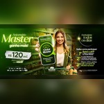 Arte da promoção Aniversário Master Quem é de casa ganha mais, com mulher sorrindo segurando um celular com o app Clube Master e o anúncio de R$120 mil em vales-compras de R$300.