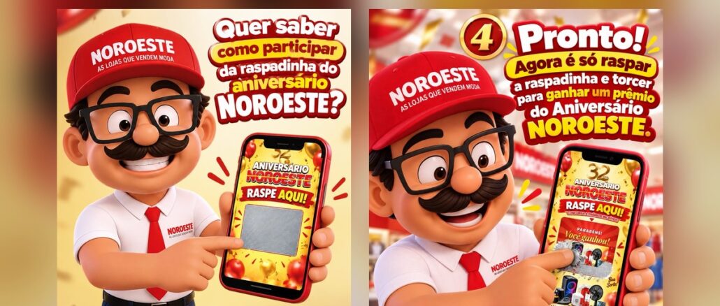 Aniversário Noroeste 2026 Mascote Benezim, das Lojas Noroeste, de boné vermelho, óculos e bigode, mostra no celular a raspadinha virtual do Aniversário Noroeste com a mensagem "Parabéns! Você ganhou!" e o aviso de mais de 2 mil prêmios.