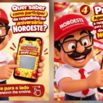 Mascote Benezim, das Lojas Noroeste, de boné vermelho, óculos e bigode, mostra no celular a raspadinha virtual do Aniversário Noroeste com a mensagem "Parabéns! Você ganhou!" e o aviso de mais de 2 mil prêmios.