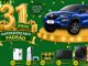Arte da promoção Aniversário Supermercado Padrão 31 Anos com balões dourados formando o número 31, um Renault Kwid azul sobre pedestal dourado e os prêmios iPhone 17, PlayStation 5, vale-compras de R$500,00, Smart TV 50 polegadas e lava e seca Samsung Inox, em fundo verde.