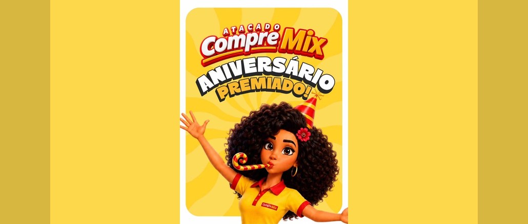 Aniversário Premiado 5 Anos Compre Mix Arte da promoção Aniversário Premiado do Compre Mix Atacado com logotipo da rede, título em letras brancas e amarelas e personagem de cabelo cacheado com chapéu de festa e língua de sogra sobre fundo amarelo.
