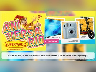 Arte do Aniversário Supermago com o mascote mágico, Smart TV 70 polegadas, 5 câmeras instantâneas e 1 bicicleta elétrica, com a regra de 1 número da sorte a cada R$150,00 em compras.