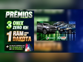 Arte da promoção Aniversário Grupo Arasuper 45 Anos com o bloco "Prêmios: 3 Onix zero km, 1 RAM Dakota zero km, mais 22 vales-compras de R$13.000,00 e mais de 30 iPhones", ao lado de uma picape RAM Dakota cinza e três Chevrolet Onix azuis, com os logos Arasuper e Aramix Atacado.