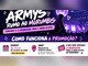 Arte da promoção Armys Rumo ao MorumBis com o título em letras brancas e rosa, a chamada "Concorra a 3 ingressos para o show do BTS", uma mão segurando um lightstick roxo diante de um estádio iluminado e uma faixa com data, local e prêmios do sorteio no Memorial da América Latina.