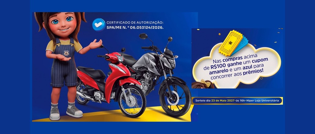 Aniversário 25 Anos do Grupo Santo Antônio Arte da promoção Aniversário 25 Anos do Grupo Santo Antônio com personagem infantil ao lado de duas motos Honda, cupons amarelo e azul e aviso de sorteio em 23 de maio de 2027 no Hiper Loja Universitária