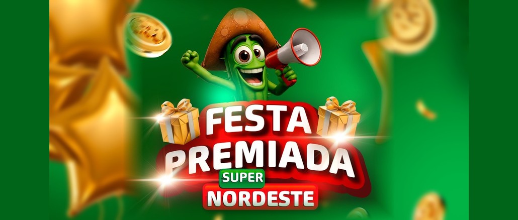 Promoção Festa Premiada Super Nordeste Arte da promoção Festa Premiada Super Nordeste com um cacto sorridente de chapéu de couro segurando um megafone, sobre fundo verde com moedas douradas e balões em formato de estrela.
