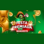 Arte da promoção Festa Premiada Super Nordeste com um cacto sorridente de chapéu de couro segurando um megafone, sobre fundo verde com moedas douradas e balões em formato de estrela.