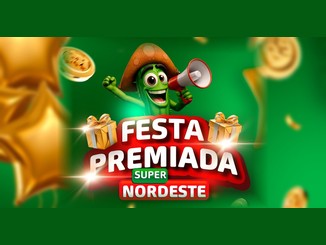 Arte da promoção Festa Premiada Super Nordeste com um cacto sorridente de chapéu de couro segurando um megafone, sobre fundo verde com moedas douradas e balões em formato de estrela.