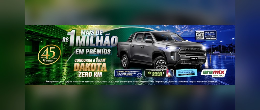 Aniversário Grupo Arasuper Mais de um Milhão de Motivos pra Você Comemorar Banner do aniversário de 45 anos do Grupo Arasuper no Aramix Atacado com uma picape RAM Dakota cinza zero km e a chamada "Mais de R$1 milhão em prêmios", além de vales-compras de R$13.000,00 e iPhones.