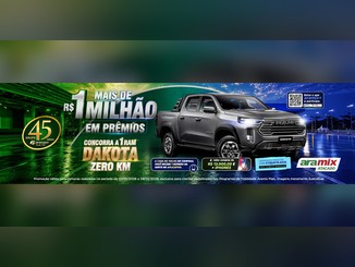 Banner do aniversário de 45 anos do Grupo Arasuper no Aramix Atacado com uma picape RAM Dakota cinza zero km e a chamada "Mais de R$1 milhão em prêmios", além de vales-compras de R$13.000,00 e iPhones.