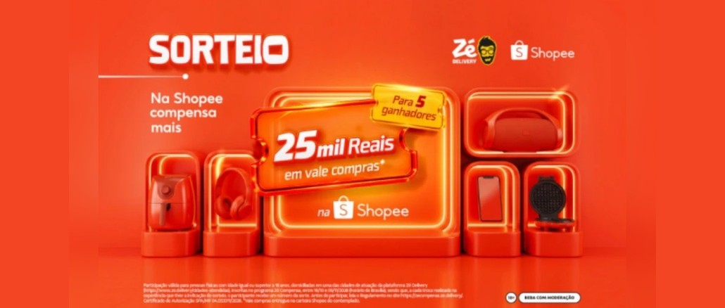 Sorteio Zé Compensa Shopee Arte do sorteio Zé Compensa Shopee com o texto 25 mil reais em vale-compras na Shopee para 5 ganhadores, cercado por air fryer, fone de ouvido, caixa de som, celular e máquina de waffle em nichos iluminados sobre fundo laranja.
