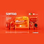 Arte do sorteio Zé Compensa Shopee com o texto 25 mil reais em vale-compras na Shopee para 5 ganhadores, cercado por air fryer, fone de ouvido, caixa de som, celular e máquina de waffle em nichos iluminados sobre fundo laranja.