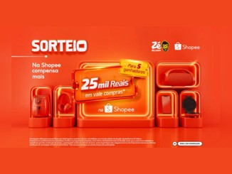 Arte do sorteio Zé Compensa Shopee com o texto 25 mil reais em vale-compras na Shopee para 5 ganhadores, cercado por air fryer, fone de ouvido, caixa de som, celular e máquina de waffle em nichos iluminados sobre fundo laranja.