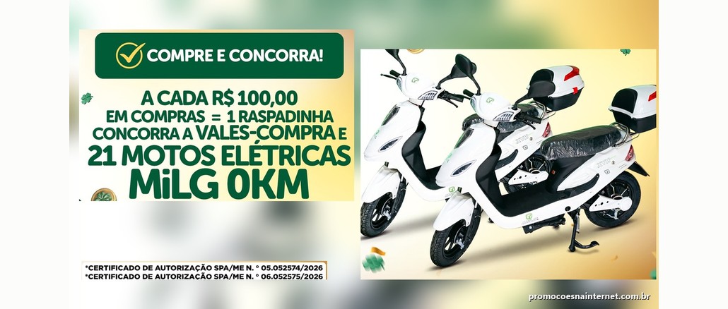Aniversário Rede Seridó, Tô Com Sorte! Arte da promoção Aniversário Rede Seridó, Tô Com Sorte! com a frase "Compre e concorra! A cada R$100,00 em compras = 1 raspadinha, concorra a vales-compra e 21 motos elétricas MiLG 0km", ao lado de duas scooters elétricas brancas com baú traseiro e dos números dos certificados de autorização da promoção.
