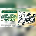 Arte da promoção Aniversário Rede Seridó, Tô Com Sorte! com a frase "Compre e concorra! A cada R$100,00 em compras = 1 raspadinha, concorra a vales-compra e 21 motos elétricas MiLG 0km", ao lado de duas scooters elétricas brancas com baú traseiro e dos números dos certificados de autorização da promoção.