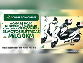 Arte da promoção Aniversário Rede Seridó, Tô Com Sorte! com a frase "Compre e concorra! A cada R$100,00 em compras = 1 raspadinha, concorra a vales-compra e 21 motos elétricas MiLG 0km", ao lado de duas scooters elétricas brancas com baú traseiro e dos números dos certificados de autorização da promoção.