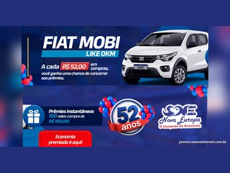 Banner da Promoção Nova Europa 52 Anos com um Fiat Mobi branco 0km, a regra de R$52,00 em compras, 100 vales-compra de R$100,00 e o selo de 52 anos do Supermercado Nova Europa