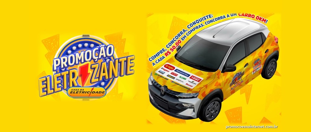 Arte da Promoção Eletrizante da Casa da Eletricidade com o logotipo em azul e amarelo à esquerda e, à direita, um Renault Kwid zero km adesivado em amarelo e laranja, com a frase "Compre, concorra, conquiste: a cada R$50,00 em compras, concorra a um carro 0km!".