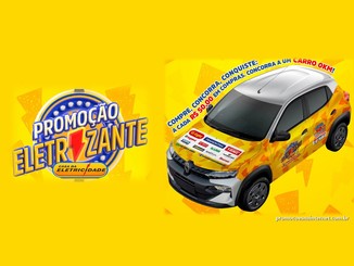 Arte da Promoção Eletrizante da Casa da Eletricidade com o logotipo em azul e amarelo à esquerda e, à direita, um Renault Kwid zero km adesivado em amarelo e laranja, com a frase "Compre, concorra, conquiste: a cada R$50,00 em compras, concorra a um carro 0km!".