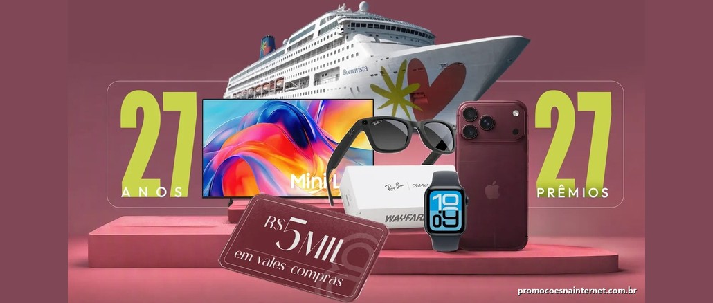 Arte da campanha 27 anos, 27 prêmios do Shopping Anália Franco, com navio de cruzeiro, TV Mini LED, óculos Ray-Ban Meta, Apple Watch, iPhone e vale-compras de R$5 mil