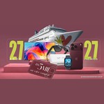 Arte da campanha 27 anos, 27 prêmios do Shopping Anália Franco, com navio de cruzeiro, TV Mini LED, óculos Ray-Ban Meta, Apple Watch, iPhone e vale-compras de R$5 mil