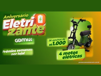 Arte da promoção Aniversário Eletrizante GBMIX com uma moto elétrica verde, o texto "4 motos elétricas", "36 ranchos de R$1.000" e "Prêmios semanais por loja!".