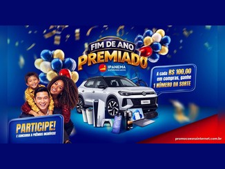 Arte da promoção Fim de Ano Premiado do Ipanema Supermercados com família sorrindo entre balões, SUV VW Tera, PlayStation 5, iPhone 17, notebook, caixa de som JBL e balão com a regra de 1 número da sorte a cada R$100,00 em compras
