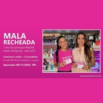 Arte rosa da Promoção Mala Recheada Wepink com duas atendentes sorridentes segurando fichas de participação no quiosque do Jatahy Shopping, em Jataí