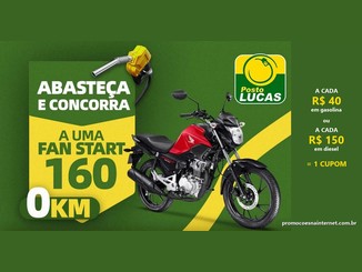 Arte da promoção dos Postos Lucas com moto Honda CG 160 Start vermelha 0km, bomba de combustível e a regra de 1 cupom a cada R$40 em gasolina ou R$150 em diesel