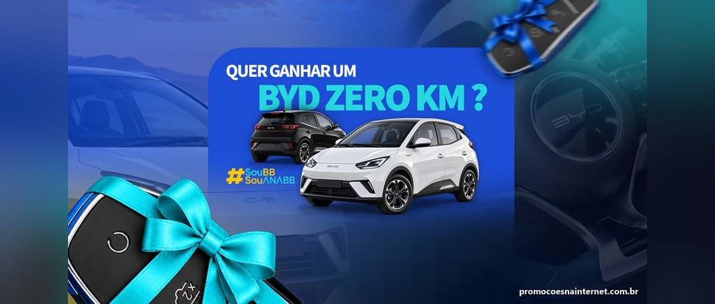 Promoção Sou BB Sou ANABB Banner azul com a pergunta "Quer ganhar um BYD zero km?", dois carros BYD Dolphin Mini, um preto e um branco, a hashtag #SouBB SouANABB e chaves de carro enfeitadas com laços azul e turquesa.