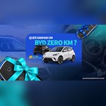 Banner azul com a pergunta "Quer ganhar um BYD zero km?", dois carros BYD Dolphin Mini, um preto e um branco, a hashtag #SouBB SouANABB e chaves de carro enfeitadas com laços azul e turquesa.