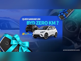 Banner azul com a pergunta "Quer ganhar um BYD zero km?", dois carros BYD Dolphin Mini, um preto e um branco, a hashtag #SouBB SouANABB e chaves de carro enfeitadas com laços azul e turquesa.