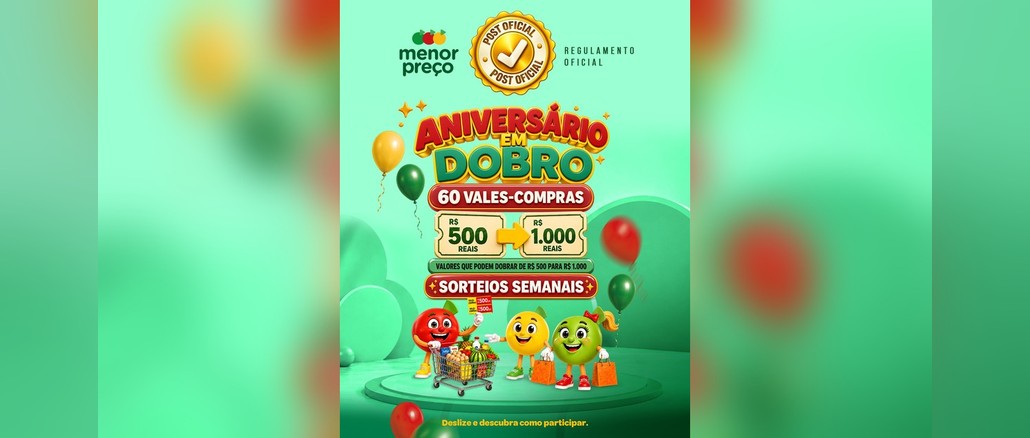 Promoção Aniversário em Dobro Arte da promoção Aniversário em Dobro da Rede Menor Preço, com 60 vales-compras de R$500,00 que podem dobrar para R$1.000,00, sorteios semanais e mascotes em forma de frutas com carrinho de compras.