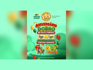 Arte da promoção Aniversário em Dobro da Rede Menor Preço, com 60 vales-compras de R$500,00 que podem dobrar para R$1.000,00, sorteios semanais e mascotes em forma de frutas com carrinho de compras.