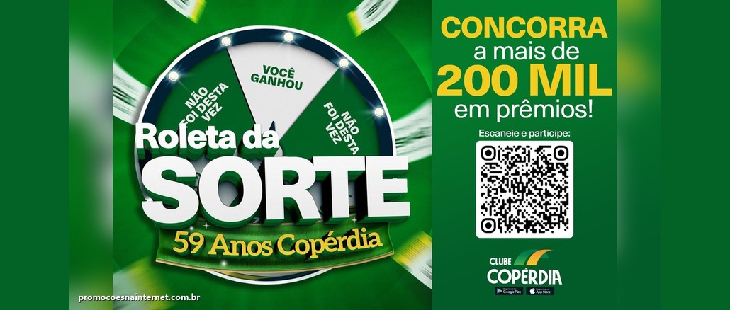 Roleta da Sorte Copérdia 59 Anos Arte da campanha Roleta da Sorte 59 Anos Copérdia, com roleta verde e branca, o texto "Concorra a mais de 200 mil em prêmios", QR Code e logo do Clube Copérdia