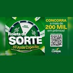 Arte da campanha Roleta da Sorte 59 Anos Copérdia, com roleta verde e branca, o texto "Concorra a mais de 200 mil em prêmios", QR Code e logo do Clube Copérdia